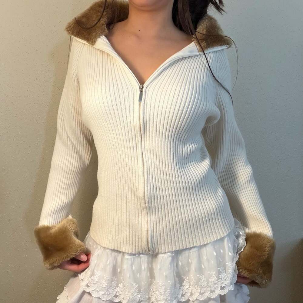 Crazy Horse Cream Ribbed Knit Full Zip Sweater with Faux Fur Collar